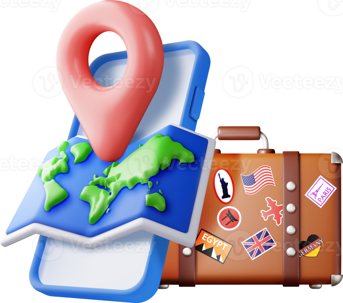 3D vintage travel bag, world map and pin in phone png