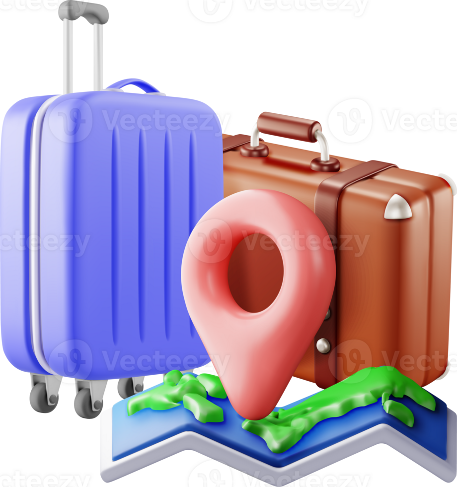3d vintage suitcase with folded paper map png