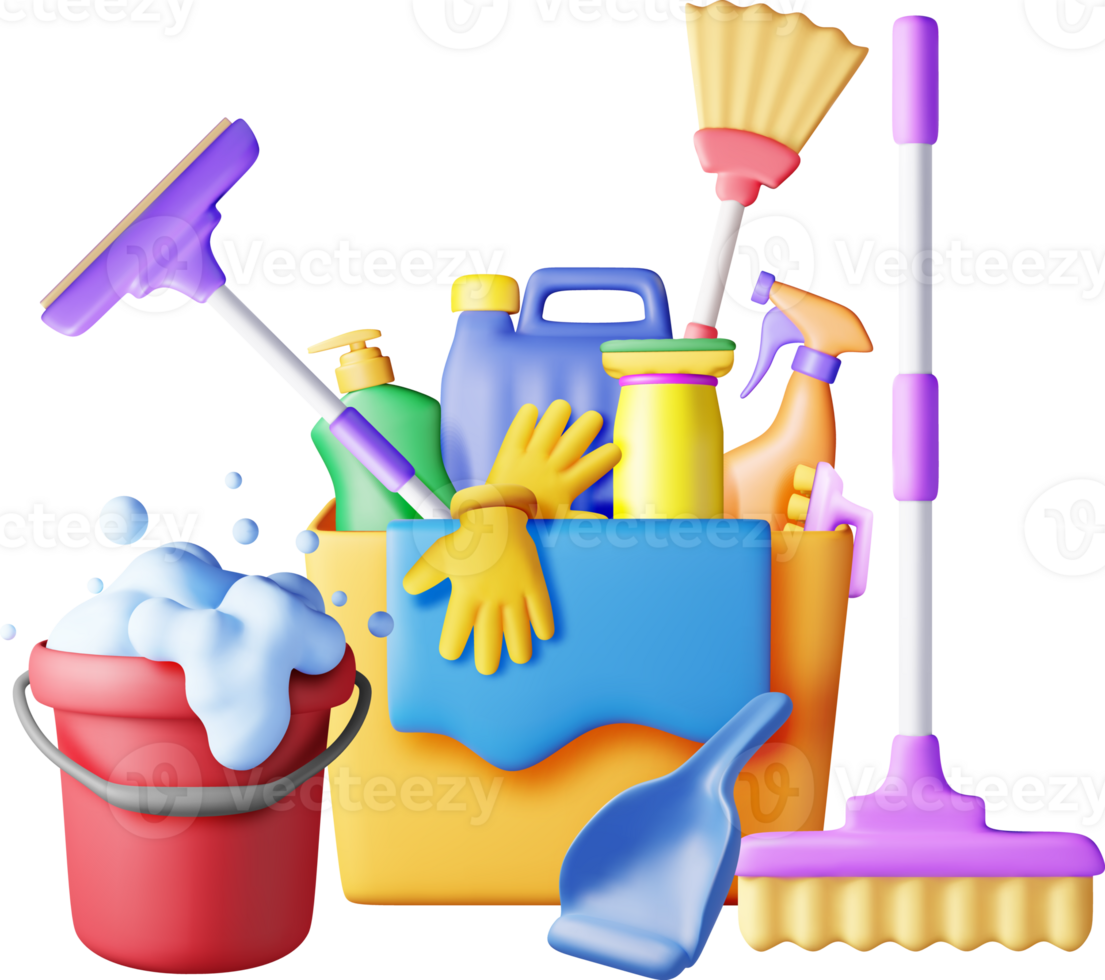 3D set of home cleaning tools png