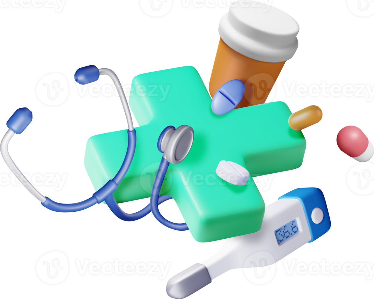 3d first aid kit with stethoscope, thermometer png