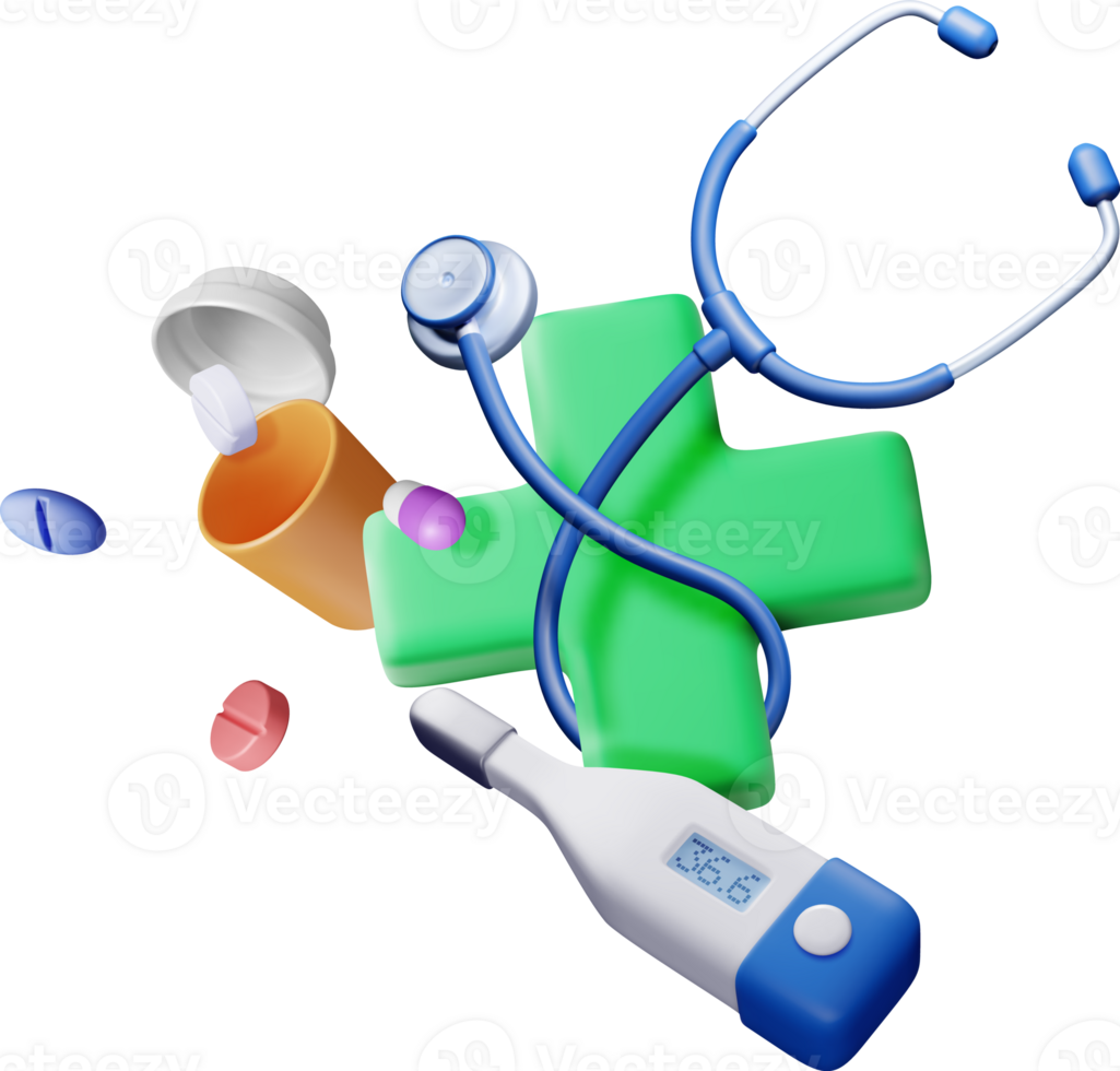 3d first aid kit with stethoscope, thermometer png