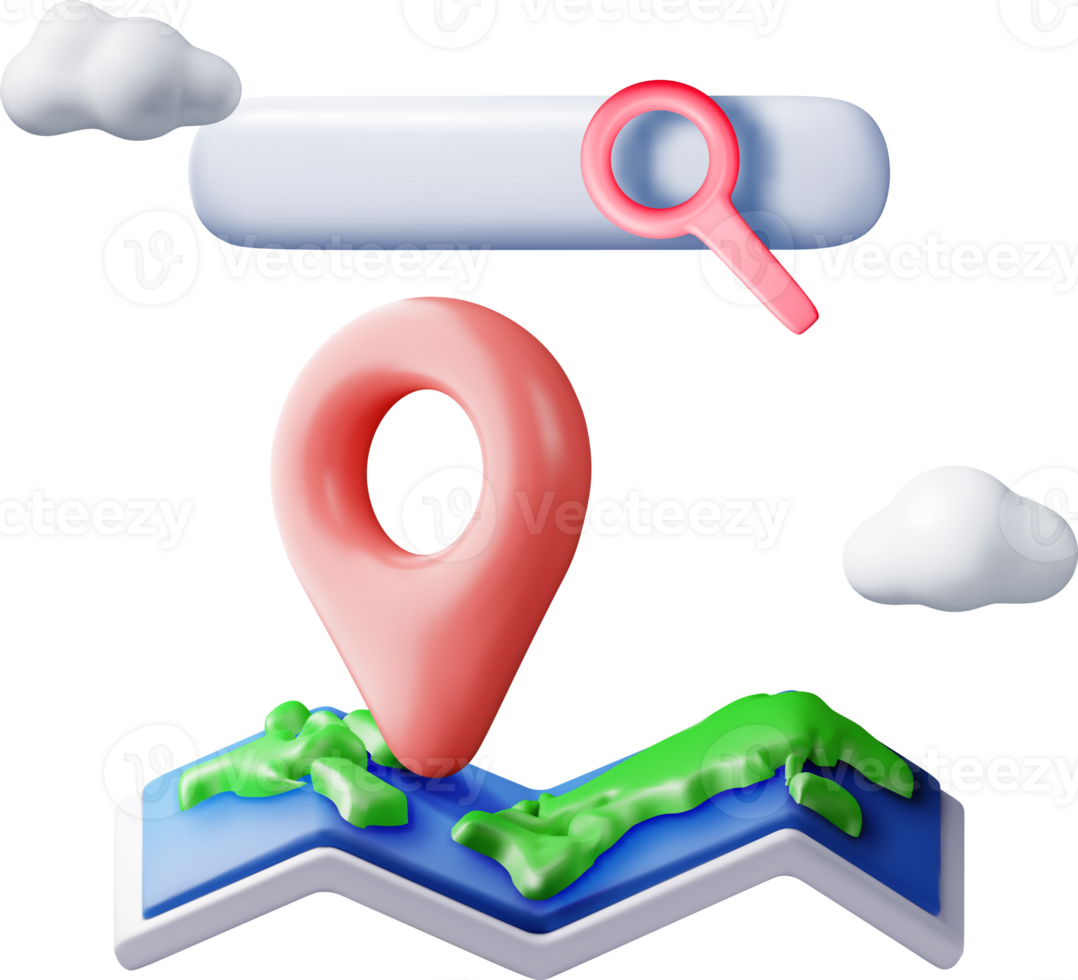 3D location folded paper map, search bar and pin png