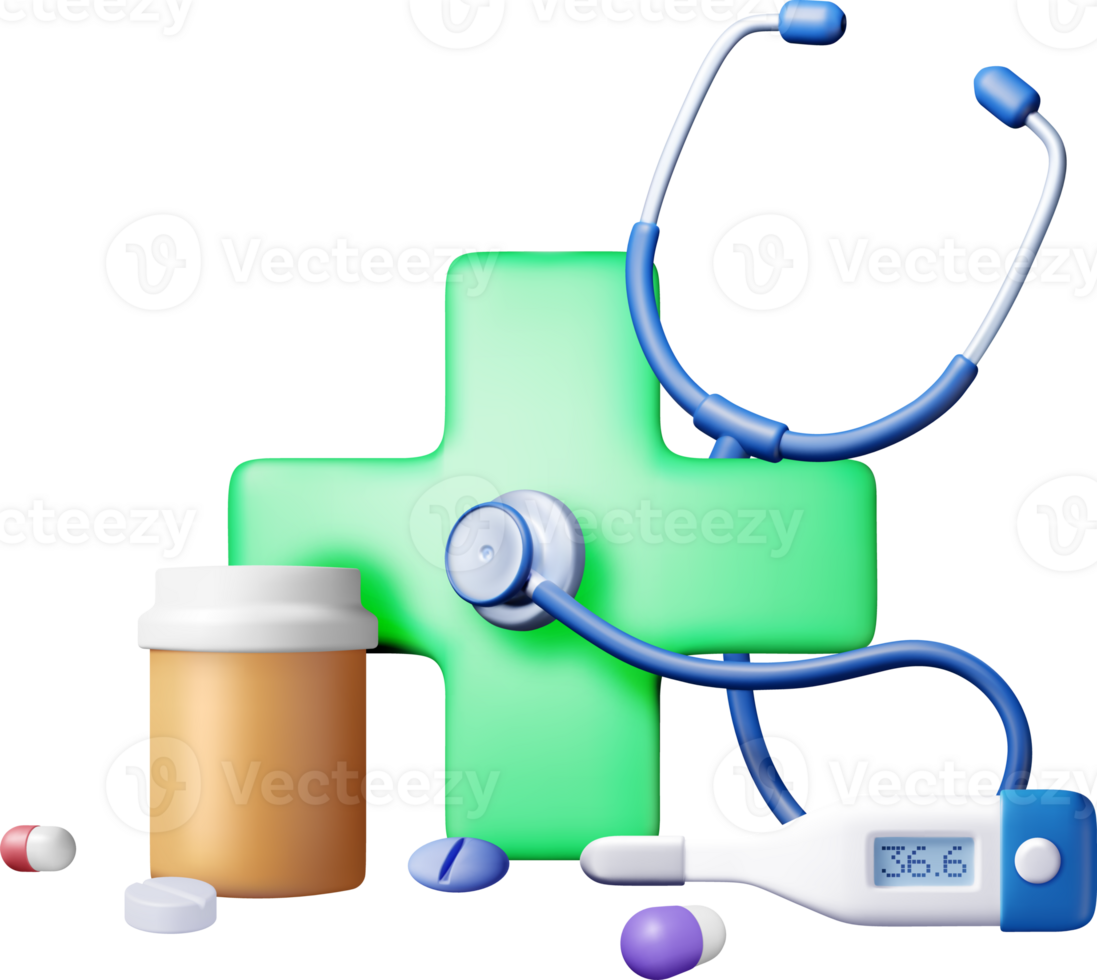 3d first aid kit with stethoscope, thermometer png