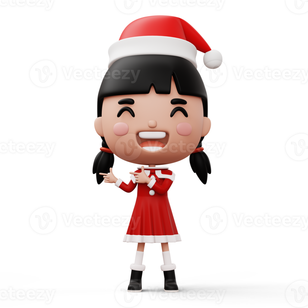 Happy kid wearing santa claus costume pointing finger, Merry christmas, 3d rendering png
