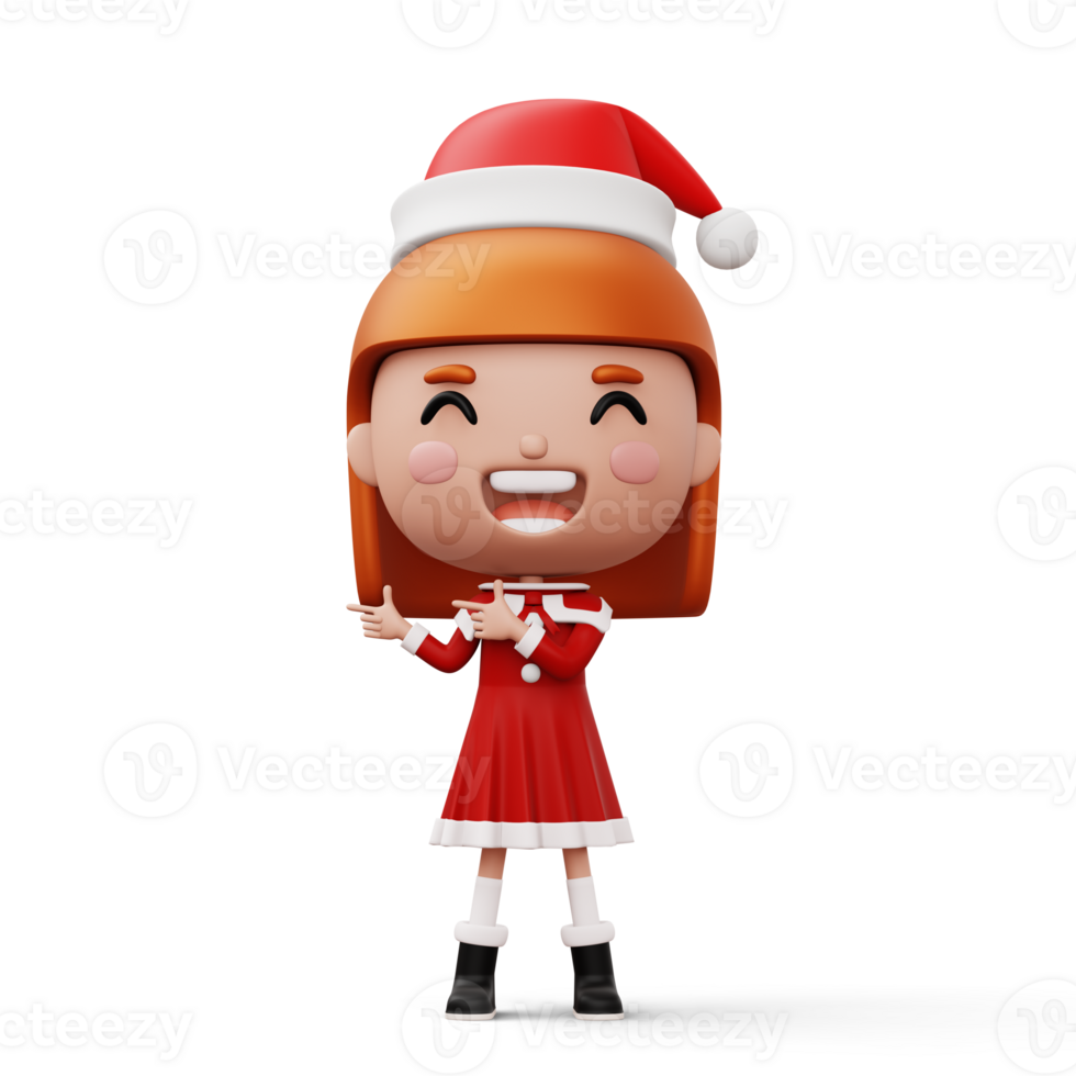 Happy kid wearing santa claus costume pointing finger, Merry christmas, 3d rendering png
