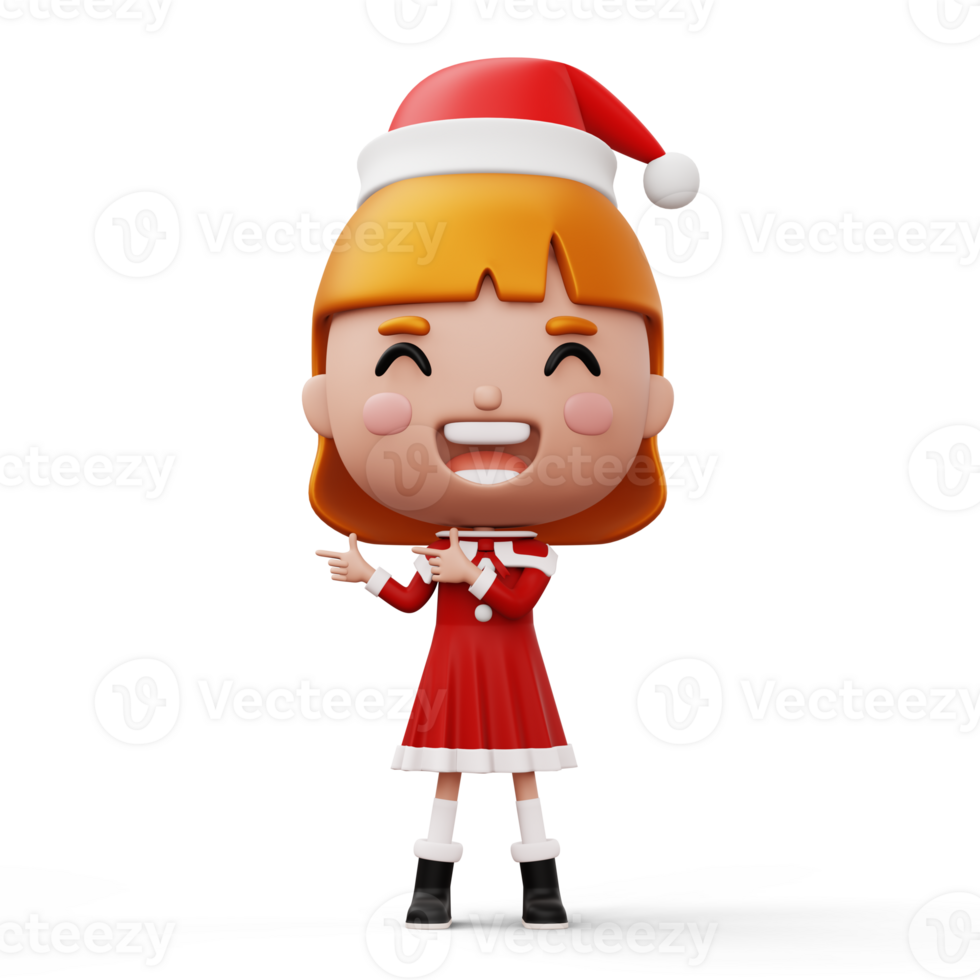 Happy kid wearing santa claus costume pointing finger, Merry christmas, 3d rendering png