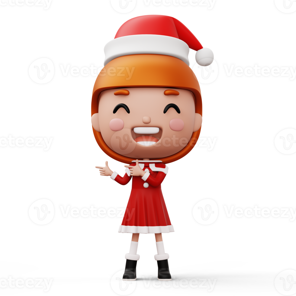 Happy kid wearing santa claus costume pointing finger, Merry christmas, 3d rendering png