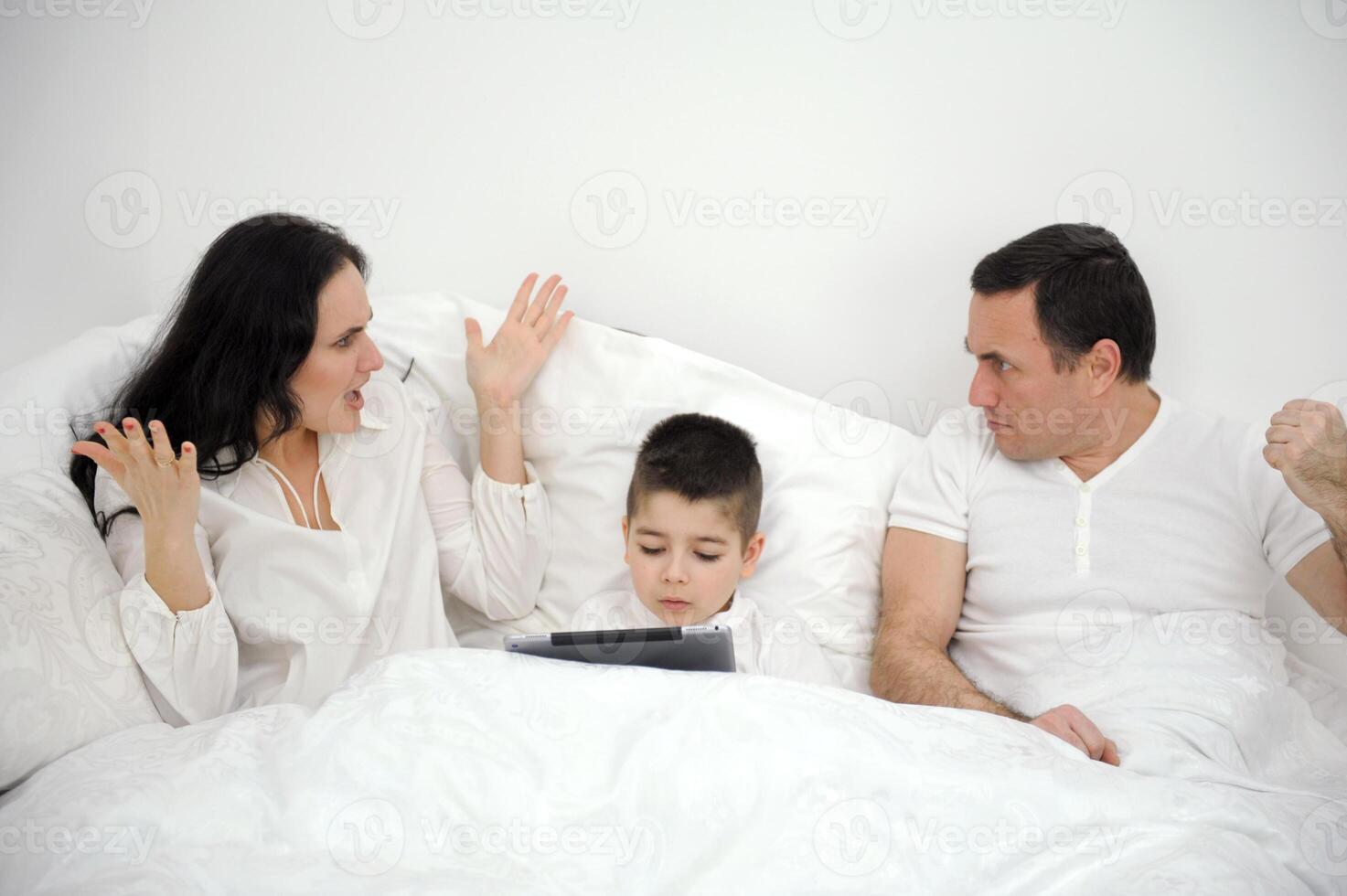 Couple fight, sad divorce and angry communication in bedroom, stress about erectile dysfunction and mental health problem in home. Man and woman tired and frustrated in conversation about conflict photo