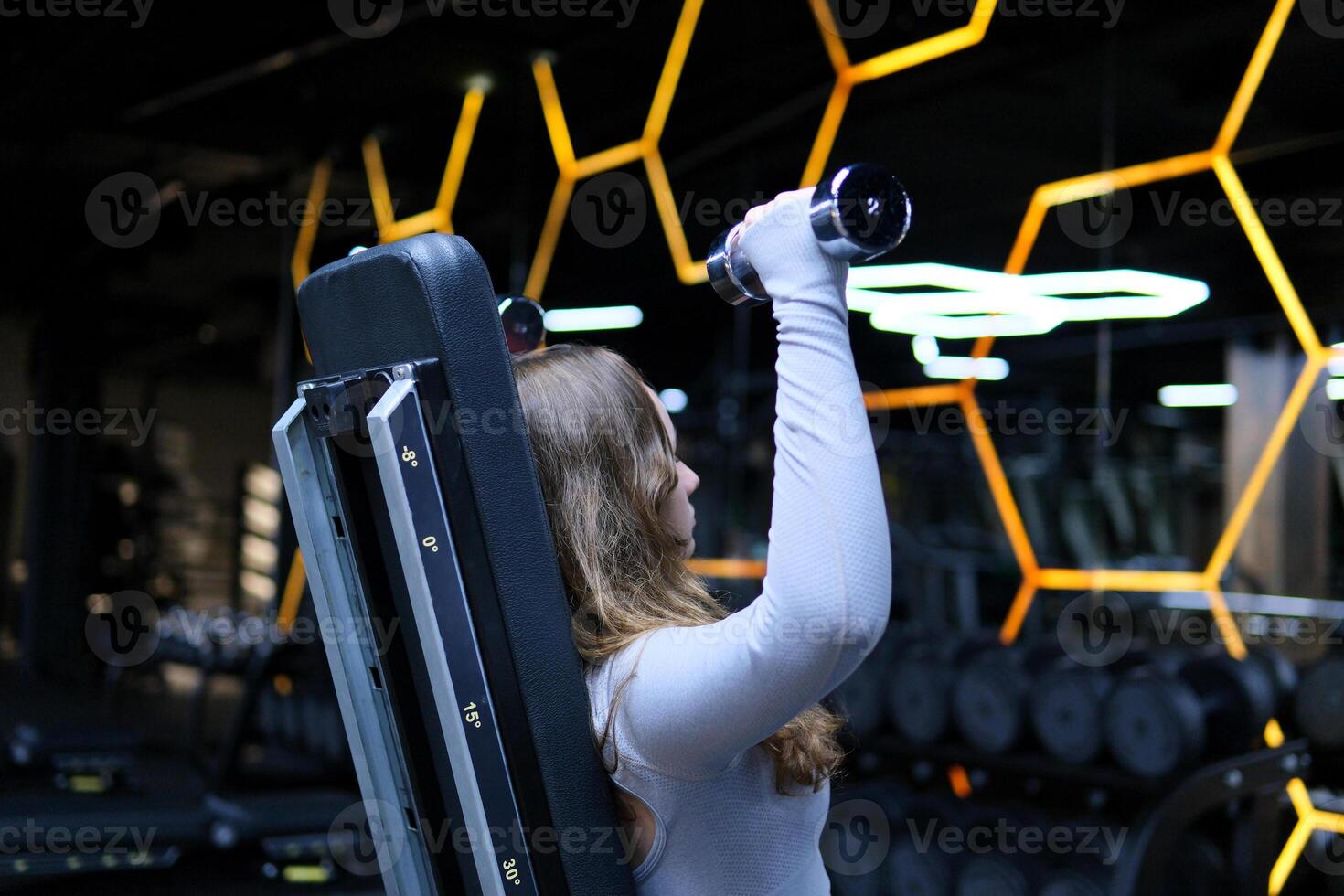 photo set protein. process of coming to gym from toilet locker room to exercise equipment. Woman exercise workout in gym fitness training sport with dumbbell bodybuilding, Athlete builder muscles