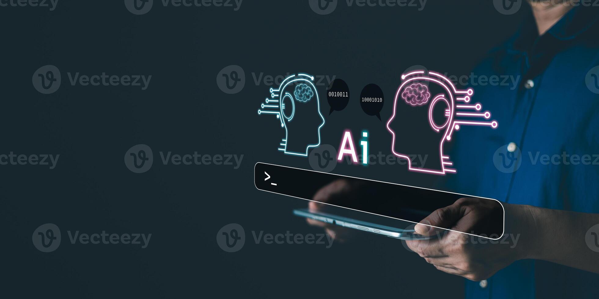 man use tablet command prompt ai chat. Big data storage.Digital Artificial Intelligence AI technology disruption concept. We are implementing storage technology support in the business. photo