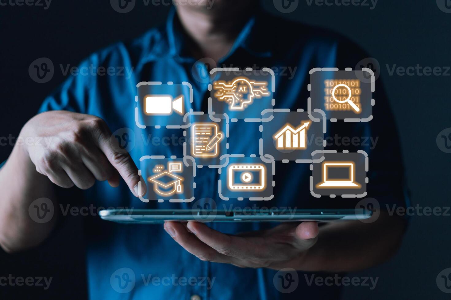 Man holding tablet and diagram with icons, Marketers education, research, analyze media streaming content creation and online marketing strategies to grow their digital business. photo