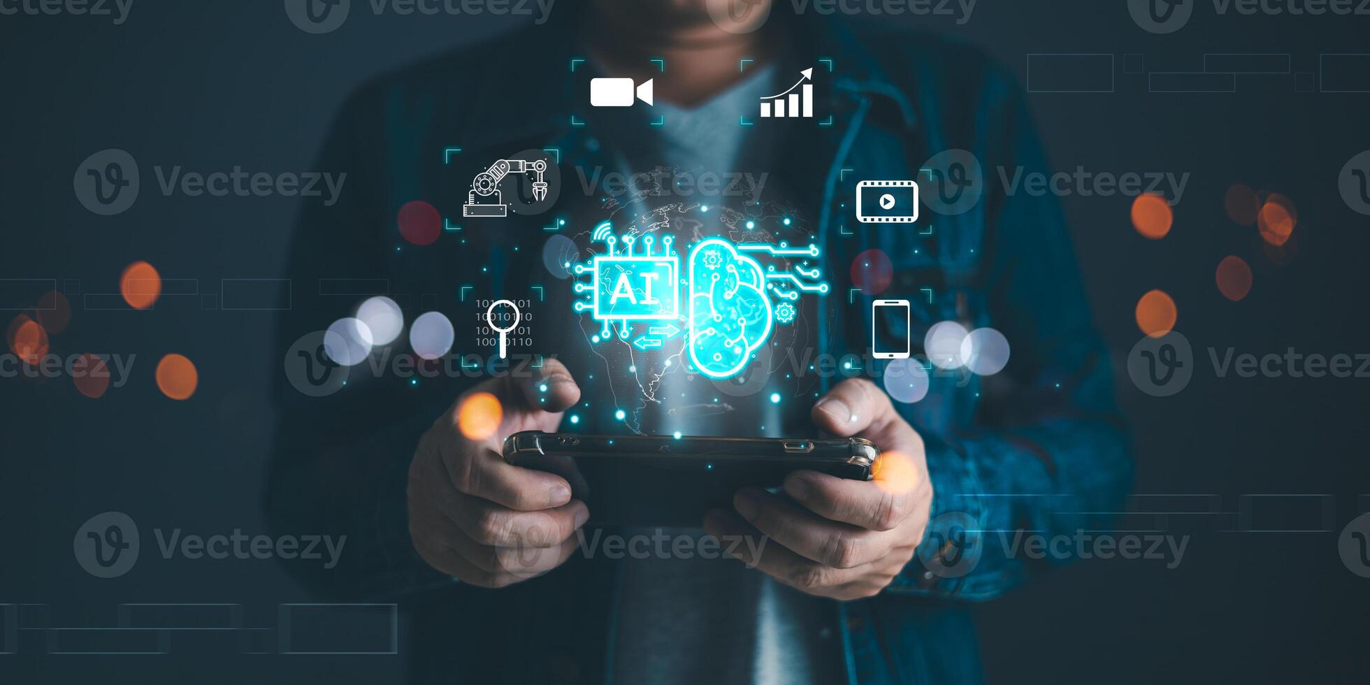 Man touch icon ai and use smartphone, Marketers education, research, analyze media streaming content creation and online marketing strategies to grow their digital business. photo