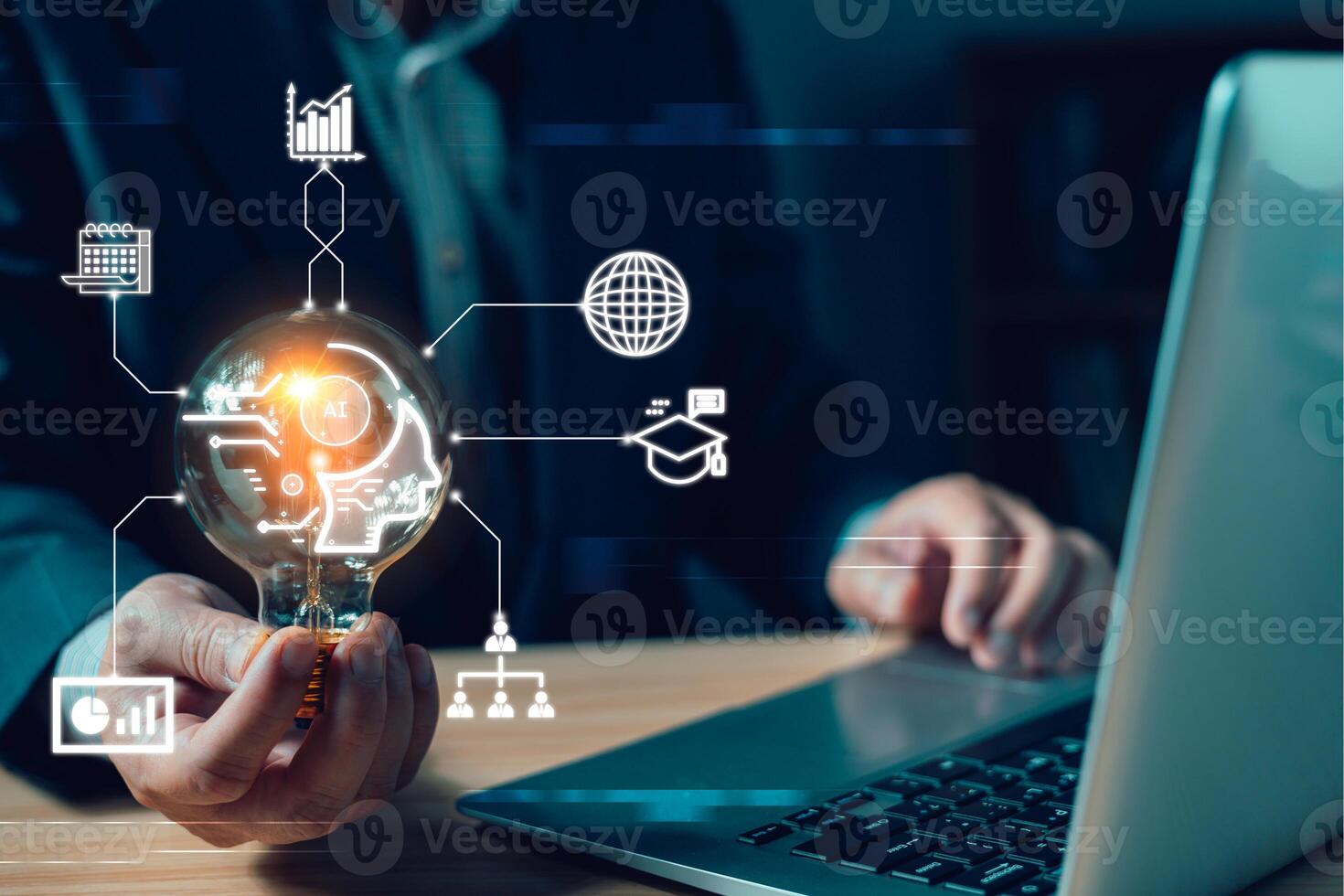 man hold lightbulb Ai icon.new technology big data and business process strategy, customer service management.Digital transformation change management,internet of things.cloud computing.Ai technology photo