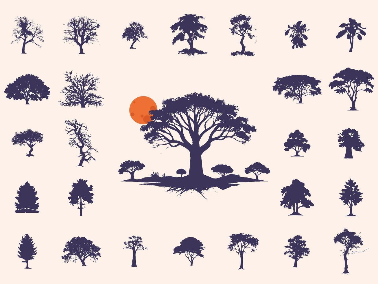 Silhouettes Trees Set, Pine Tree fir pruce cedar white patch alder elm birch ash cypress beech palm tree. vector