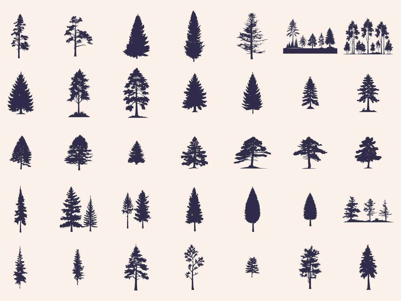 Silhouettes Trees Set, Pine Tree fir pruce cedar white patch alder elm birch ash cypress beech palm tree. vector