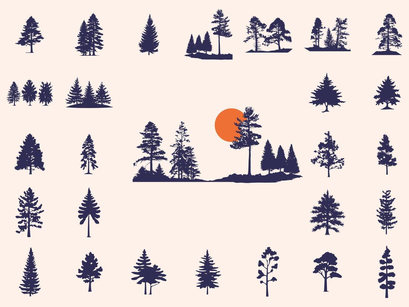 Silhouettes Trees Set, Pine Tree fir pruce cedar white patch alder elm birch ash cypress beech palm tree. vector