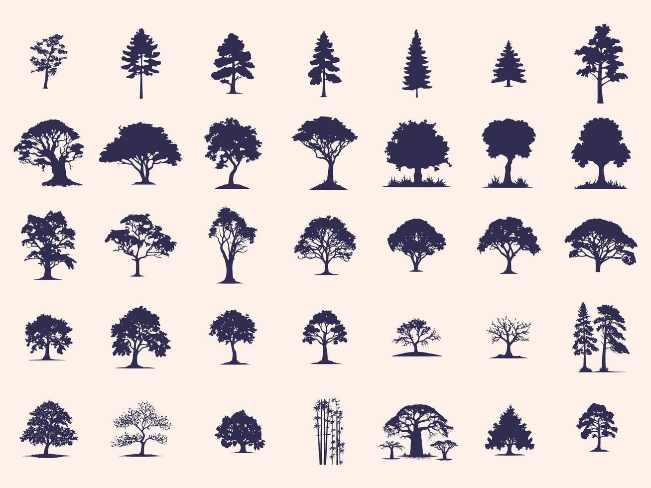 Silhouettes Trees Set, Pine Tree fir pruce cedar white patch alder elm birch ash cypress beech palm tree. vector