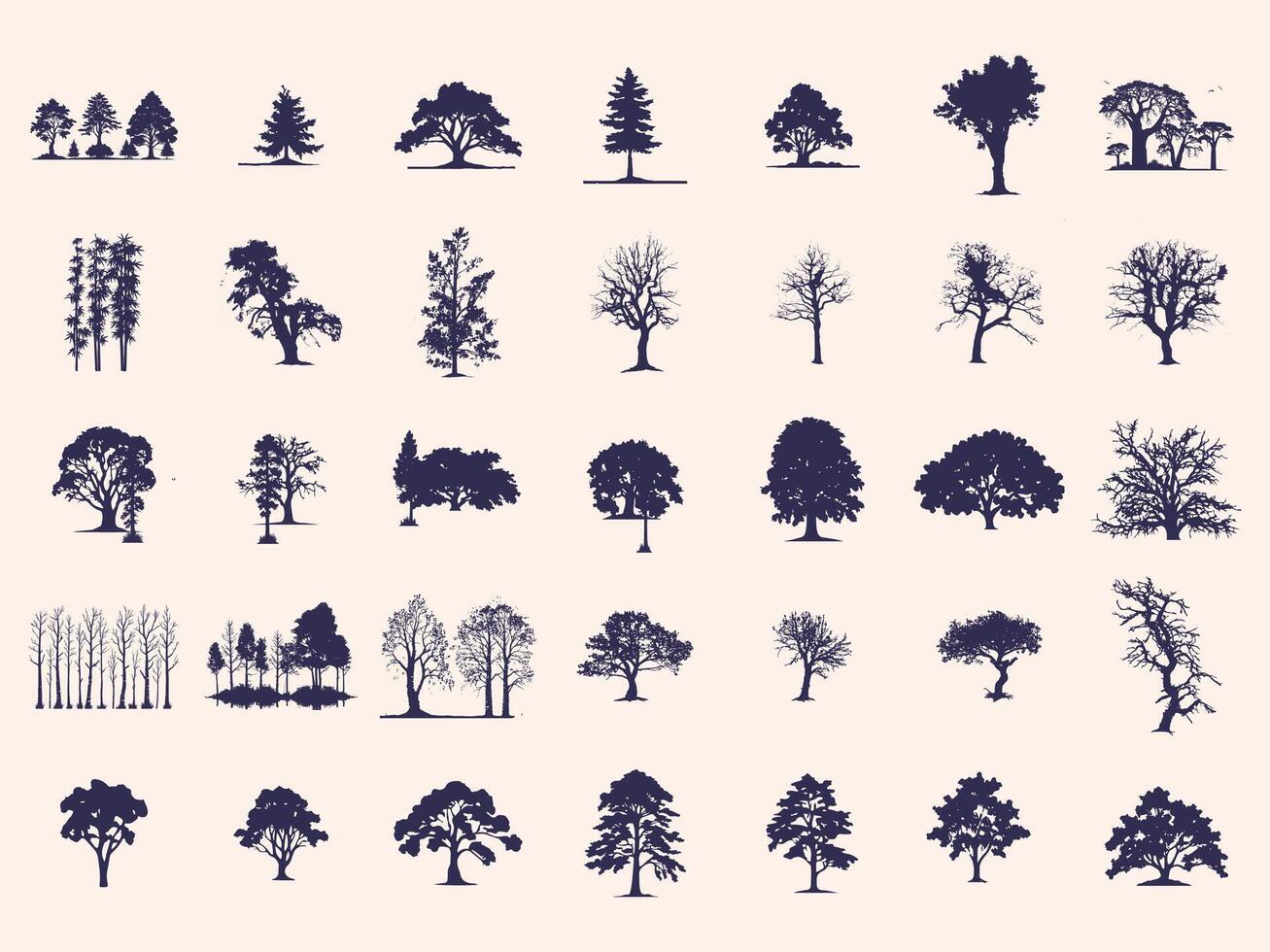 Silhouettes Trees Set, Pine Tree fir pruce cedar white patch alder elm birch ash cypress beech palm tree. vector