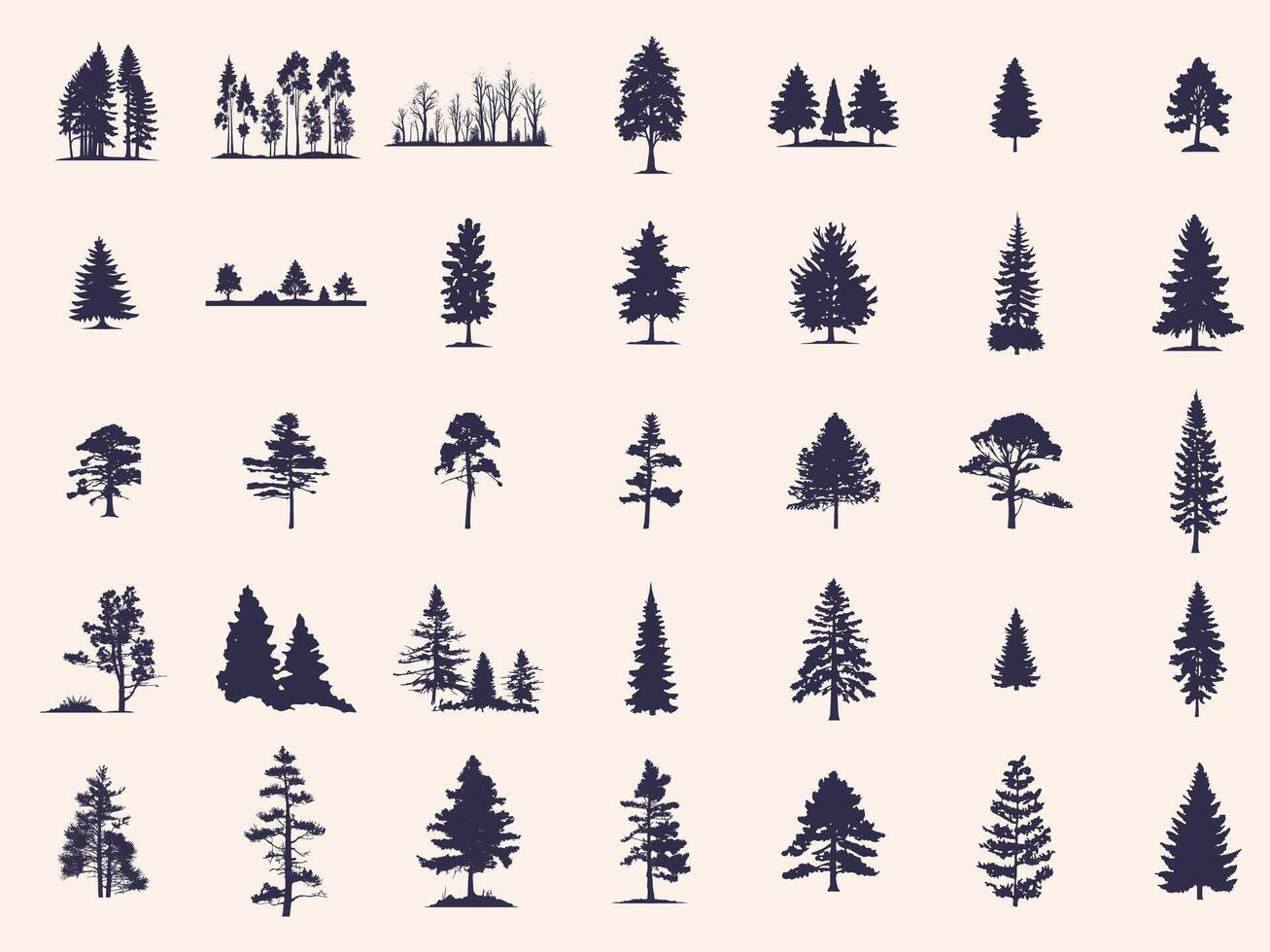 Silhouettes Trees Set, Pine Tree fir pruce cedar white patch alder elm birch ash cypress beech palm tree. vector