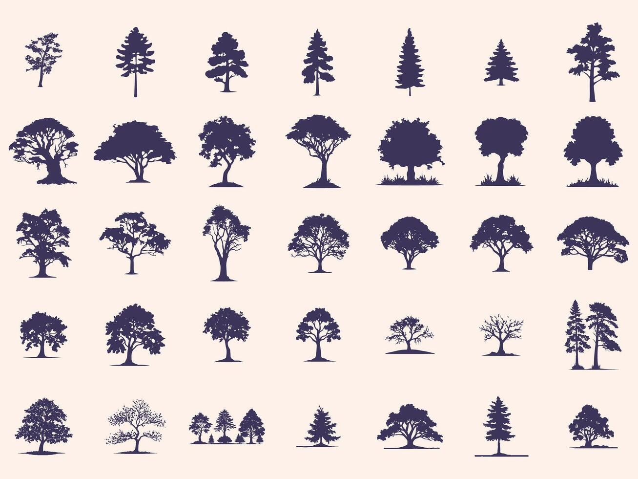 Silhouettes Trees Set, Pine Tree fir pruce cedar white patch alder elm birch ash cypress beech palm tree. vector