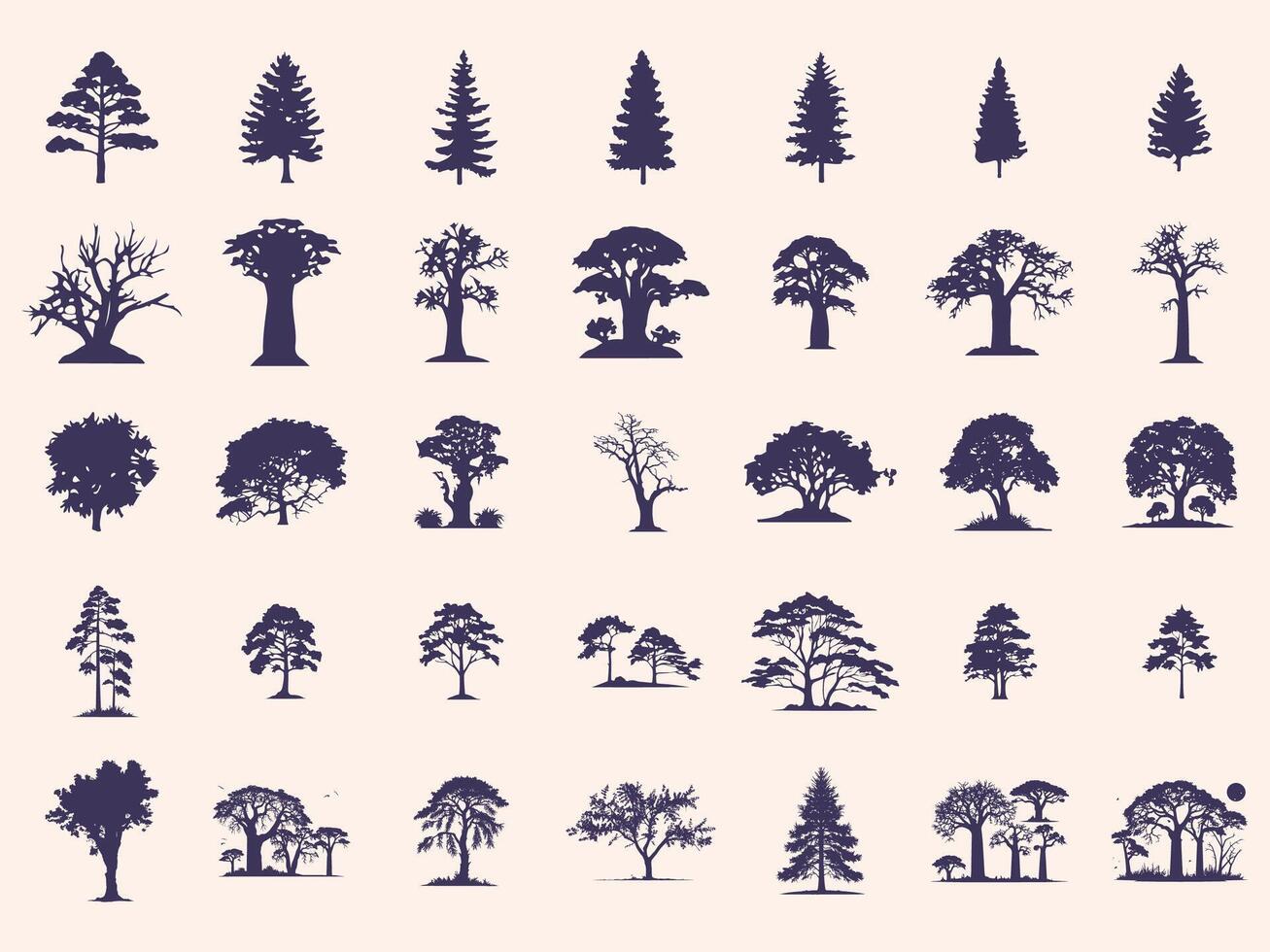 Silhouettes Trees Set, Pine Tree fir pruce cedar white patch alder elm birch ash cypress beech palm tree. vector