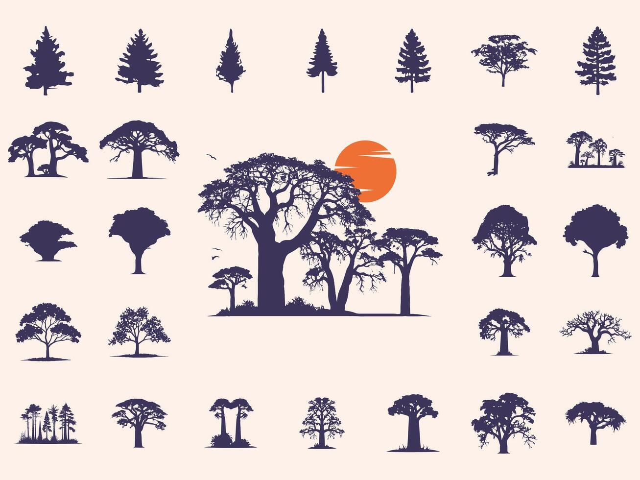 Silhouettes Trees Set, Pine Tree fir pruce cedar white patch alder elm birch ash cypress beech palm tree. vector