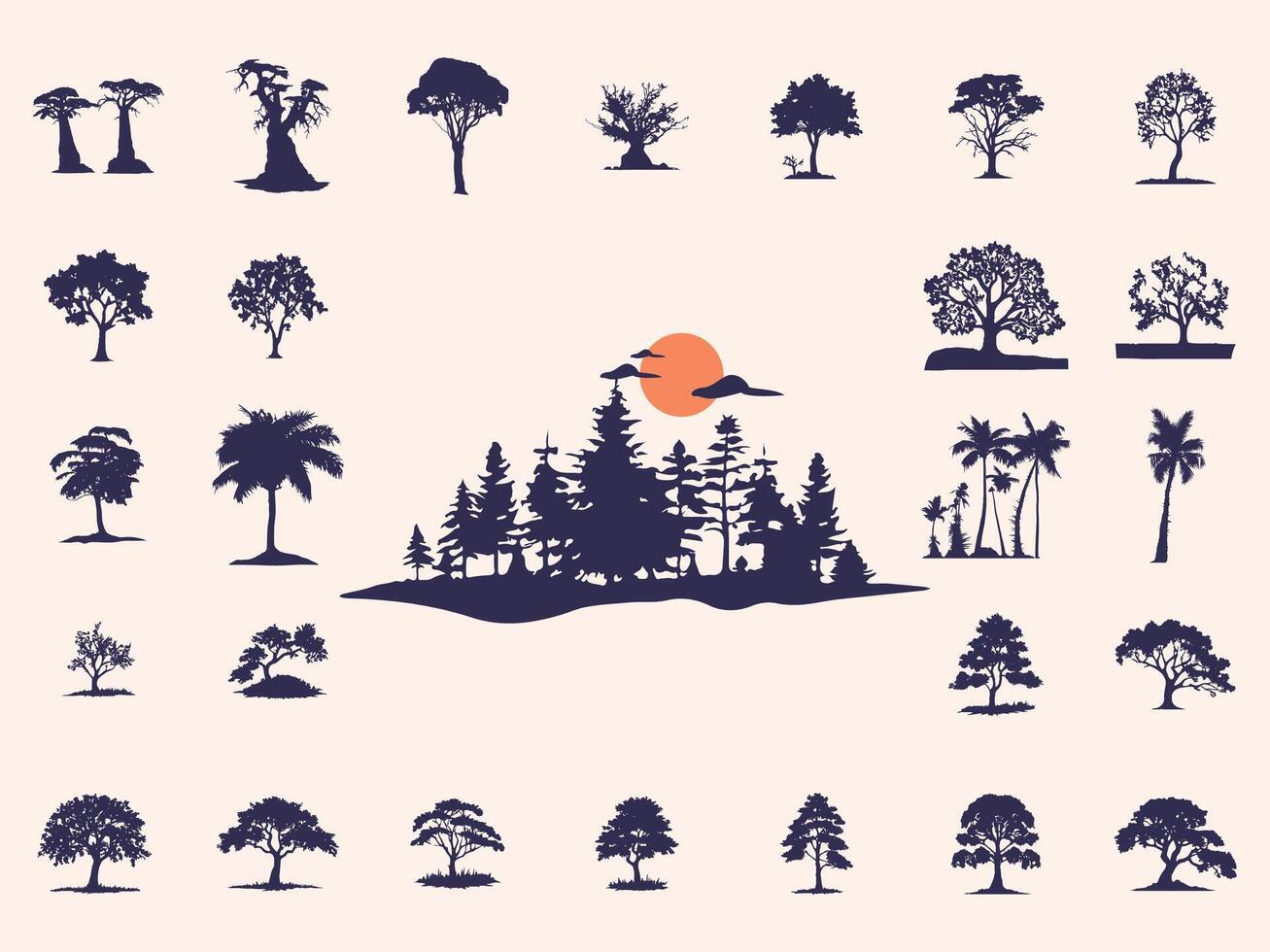 Silhouettes Trees Set, Pine Tree fir pruce cedar white patch alder elm birch ash cypress beech palm tree. vector