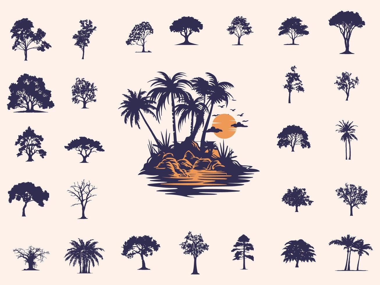 Silhouettes Trees Set, Pine Tree fir pruce cedar white patch alder elm birch ash cypress beech palm tree. vector