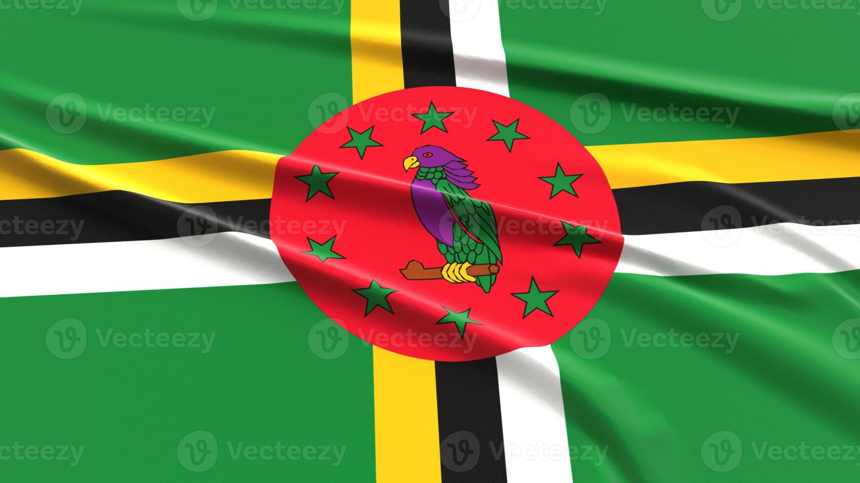 Dominica Flag. Fabric textured Dominican Flag. 3D Render Illustration. photo