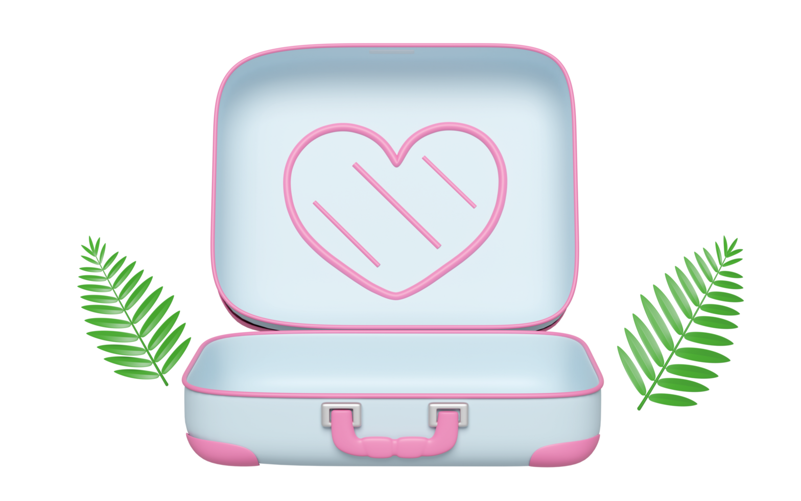 summer travel with open empty suitcase, leaf isolated. 3d illustration render png
