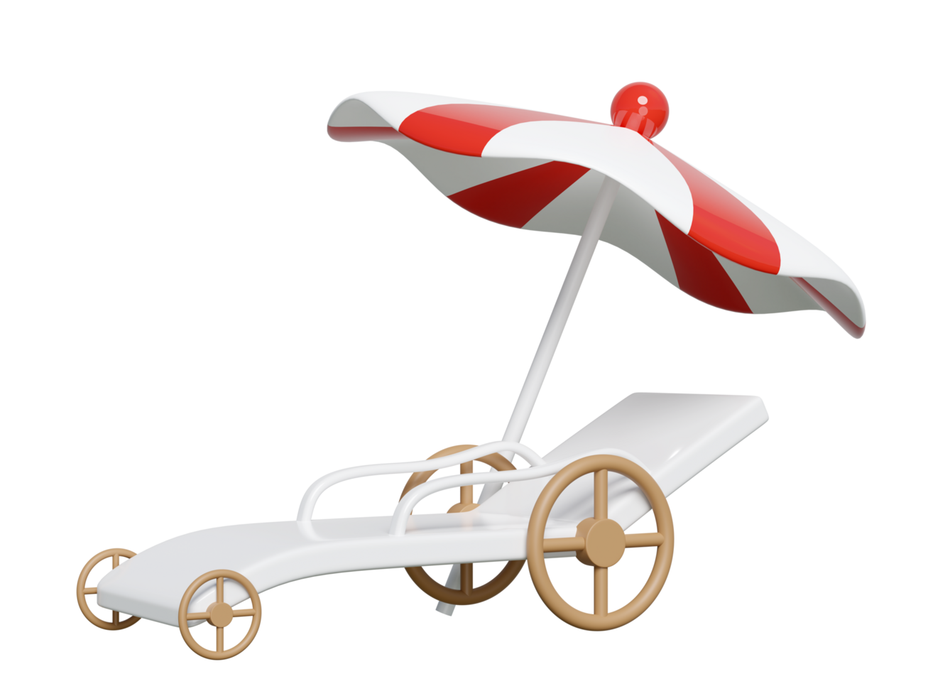 3d beach chair, lounger with umbrella or parasol isolated. summer travel concept, 3d render illustration png