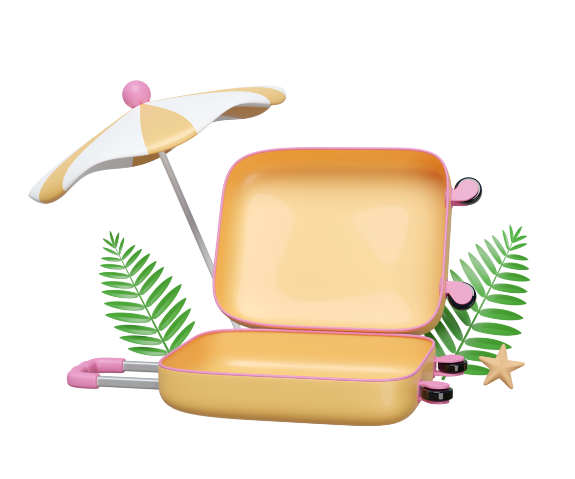 summer travel with open empty suitcase, umbrella, leaf isolated. 3d illustration render png