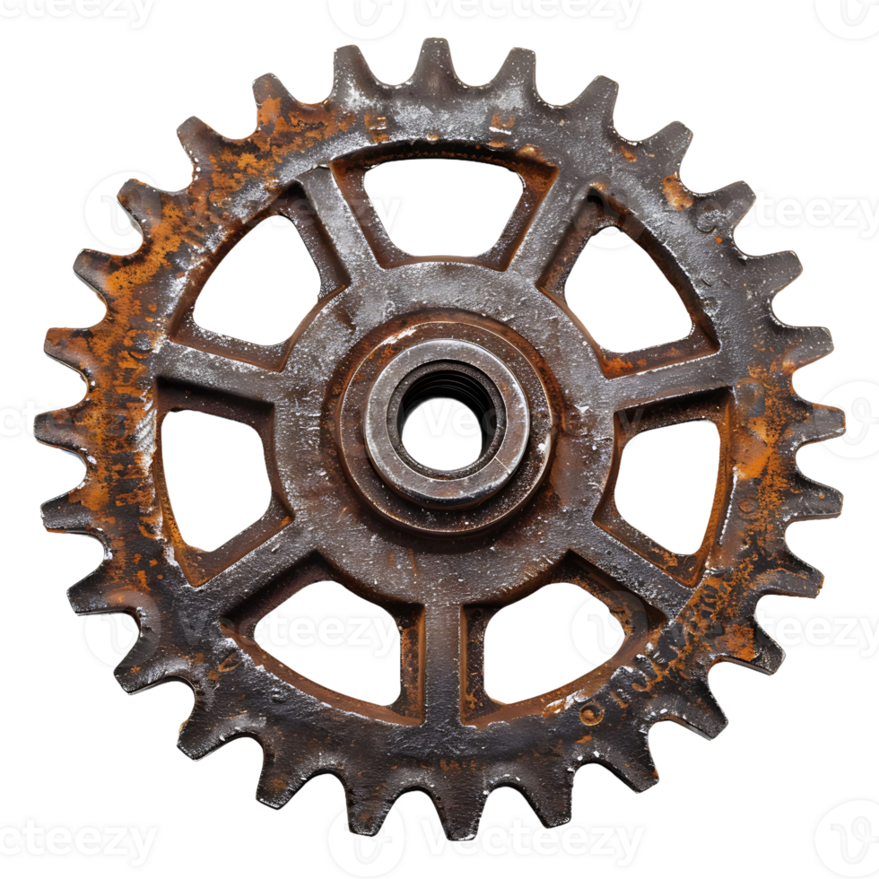 Rusty metal cog against transparent background png
