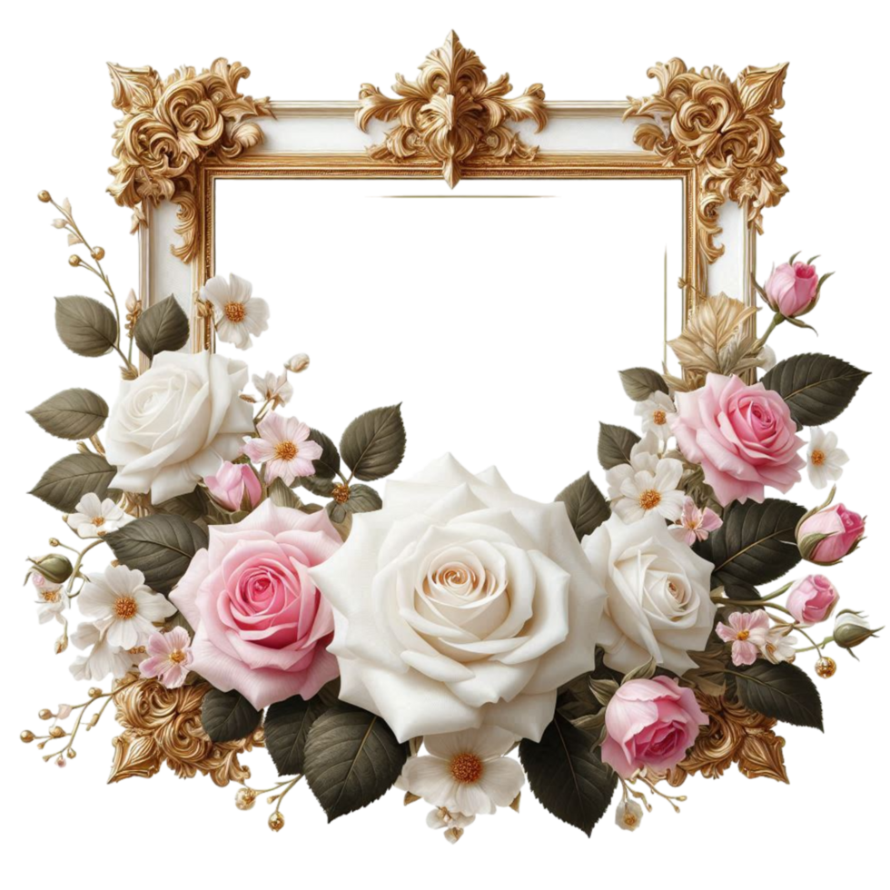 Generated Ai Golden rectangle photo frame intertwined with roses png