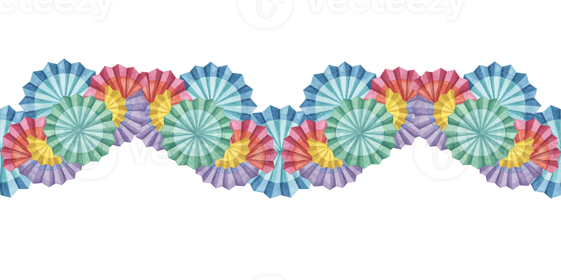 Seamless border complex fiesta flowers. Hand drawn watercolor clipart, Mexican paper fans for Cinco de Mayo decoration. Celebration design for banners, paper,packaging, printing, cards, invitation png