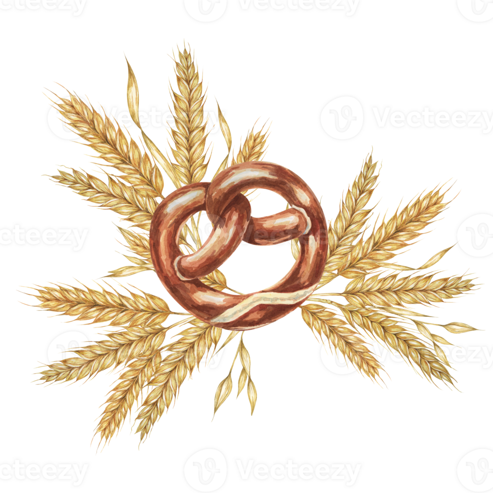 Soft Pretzel with backdrop of golden wheat ears. Watercolor illustration for culinary, bakery, Oktoberfest designs in realistic style. Bavarian snack clipart for flyers, posters, brewery, coasters png