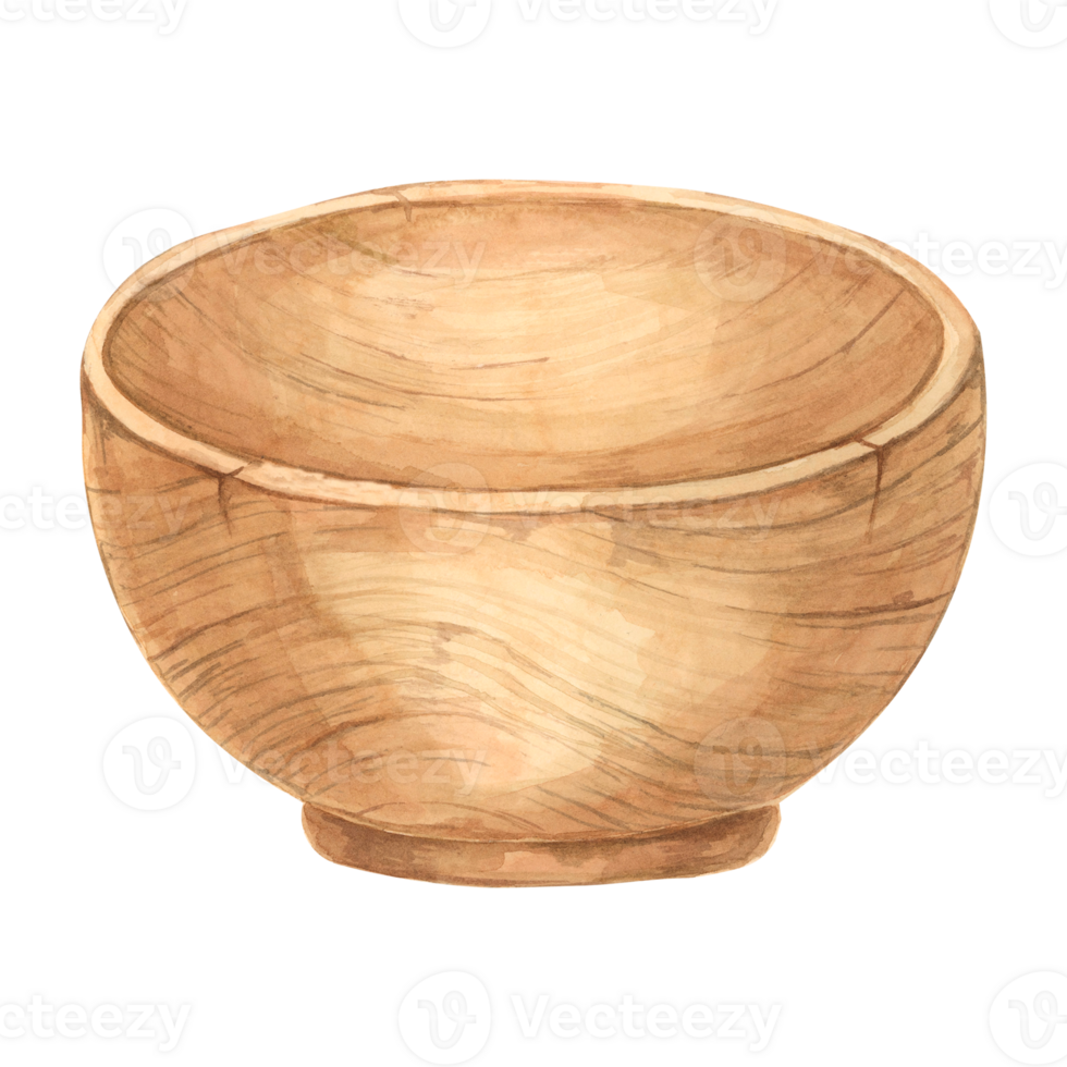 Wooden bowl in watercolor. Hand drawn clipart of empty wooden dishware in rustic style. Design of kitchen utensil for printing, packaging, elements isolated on white background png