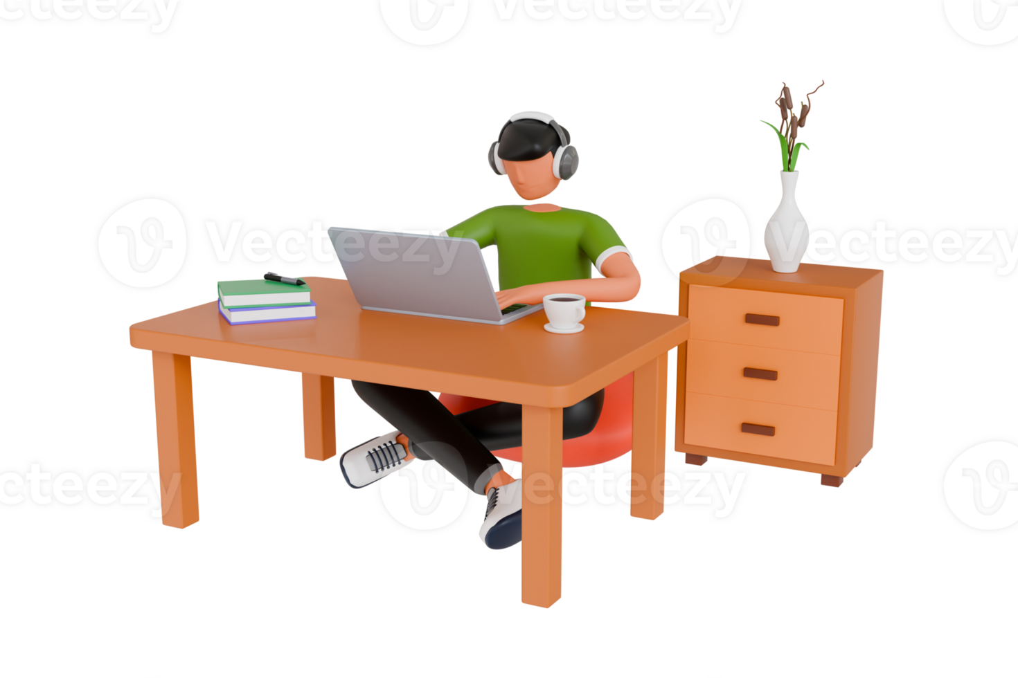 Freelancer working from home 3d illustration. Freelancer working while sitting at home 3d illustration png
