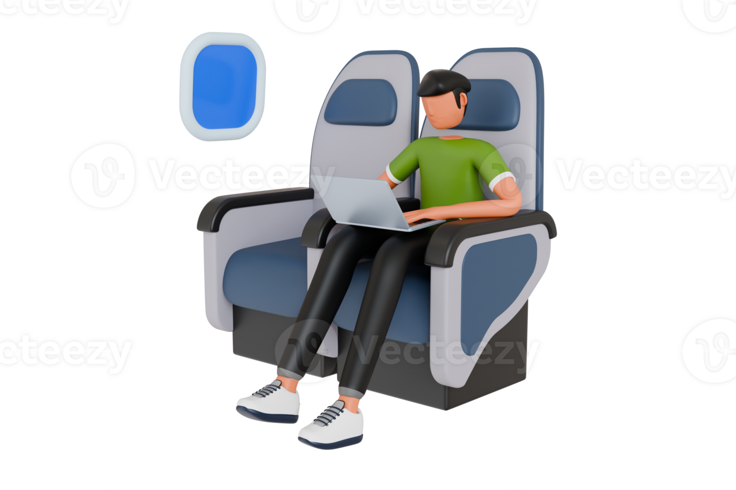 man doing remote work while traveling by plane. Man doing remote working from air plane 3d illustration png