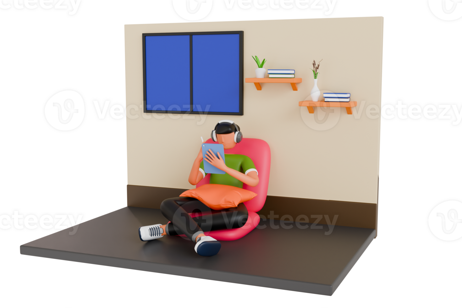 Man sitting on a chair and uses tablet pc. Freelancer working from home 3d illustration png