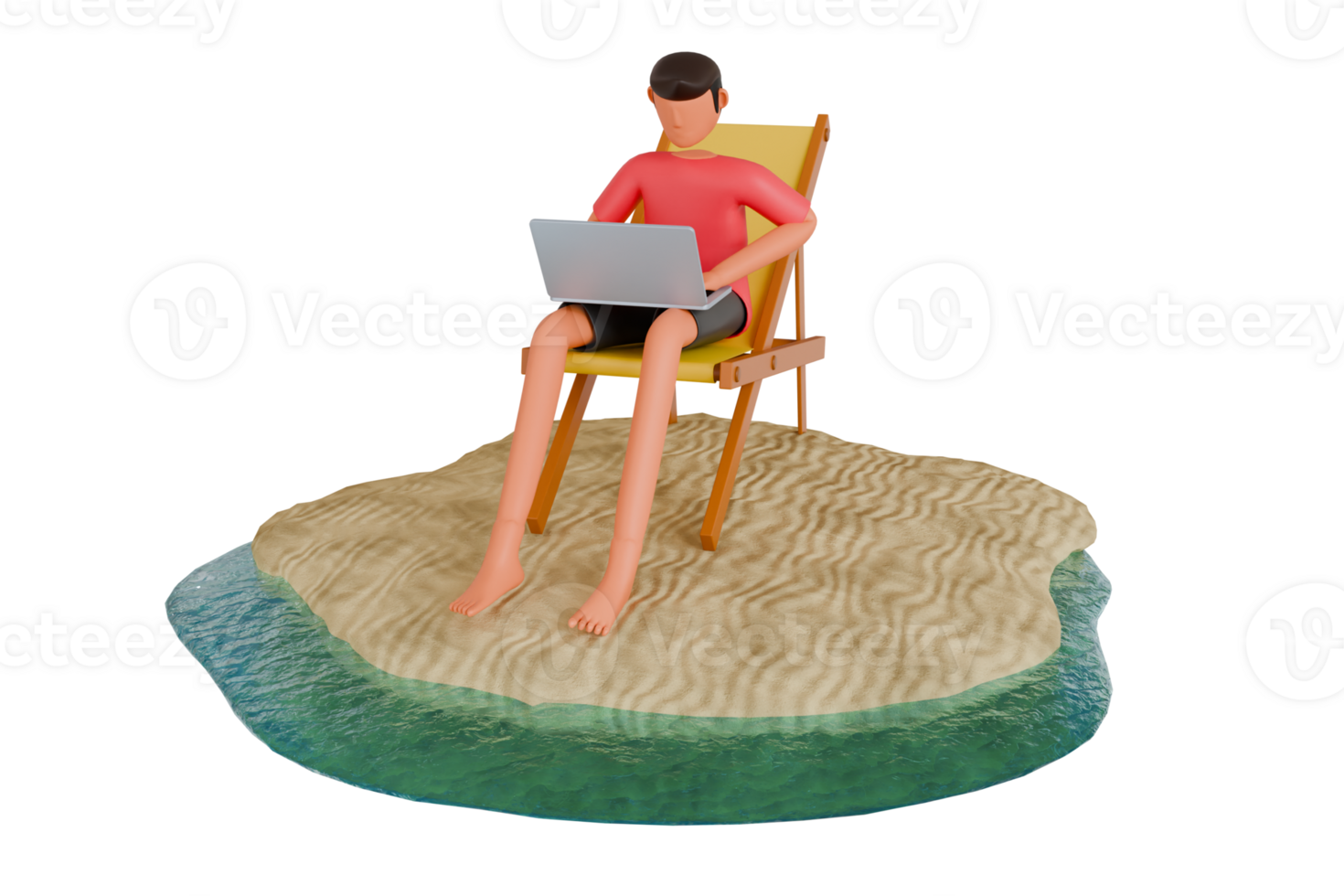 freelancer with laptop working remotely on beach 3d illustration. Freelancer working from beach 3d illustration png