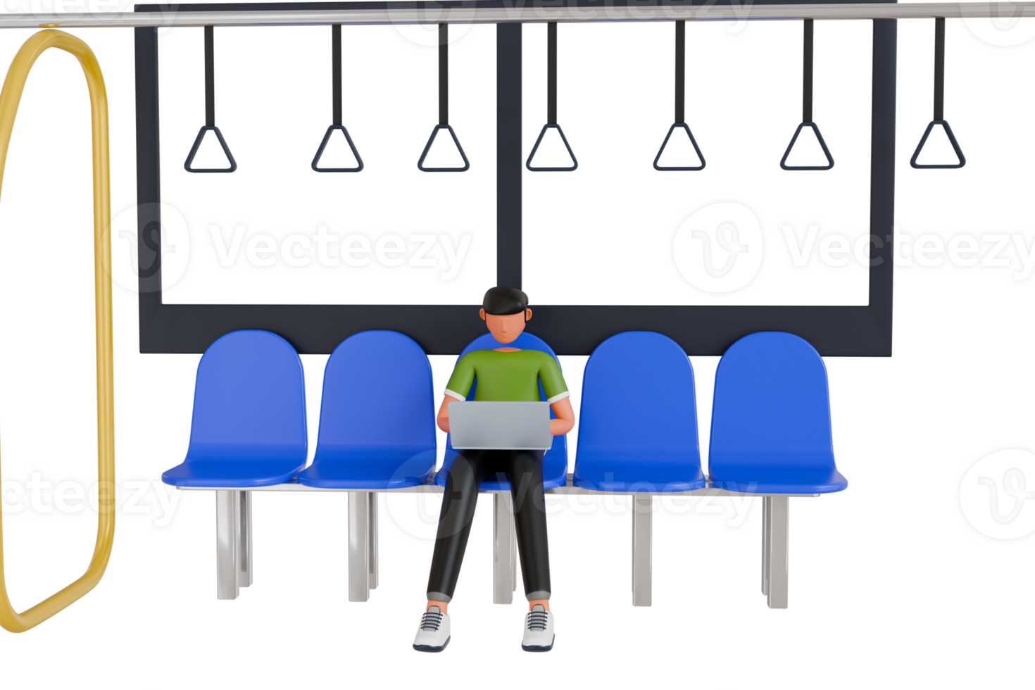 man doing remote work while traveling by publik transportation 3d illustration. Remote worker 3d illustration png