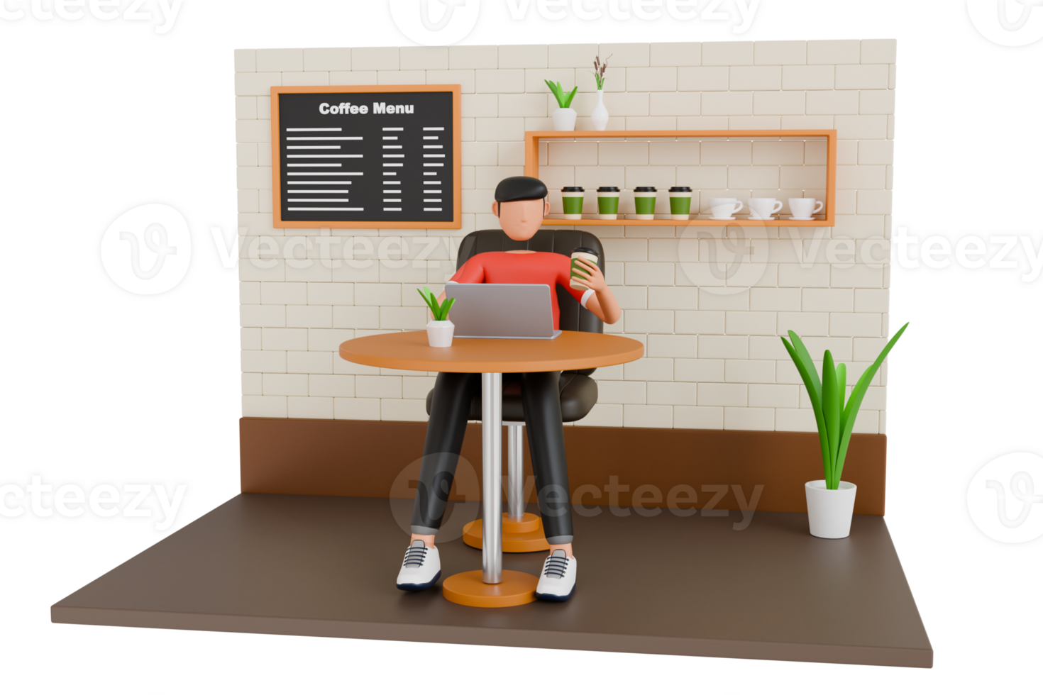 Freelancer Man Working On Laptop In A Cafe 3D Illustration. Man working from a cafe 3d illustration png