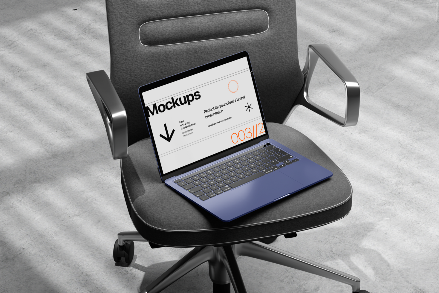 Notebook mockup and keyboard on the realistic chair with shadow psd