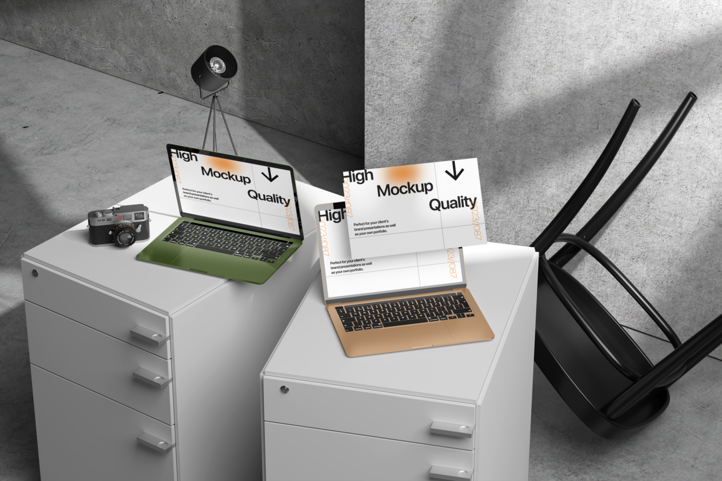 Screen laptop mockup on the cupboard with wall and shadow background psd