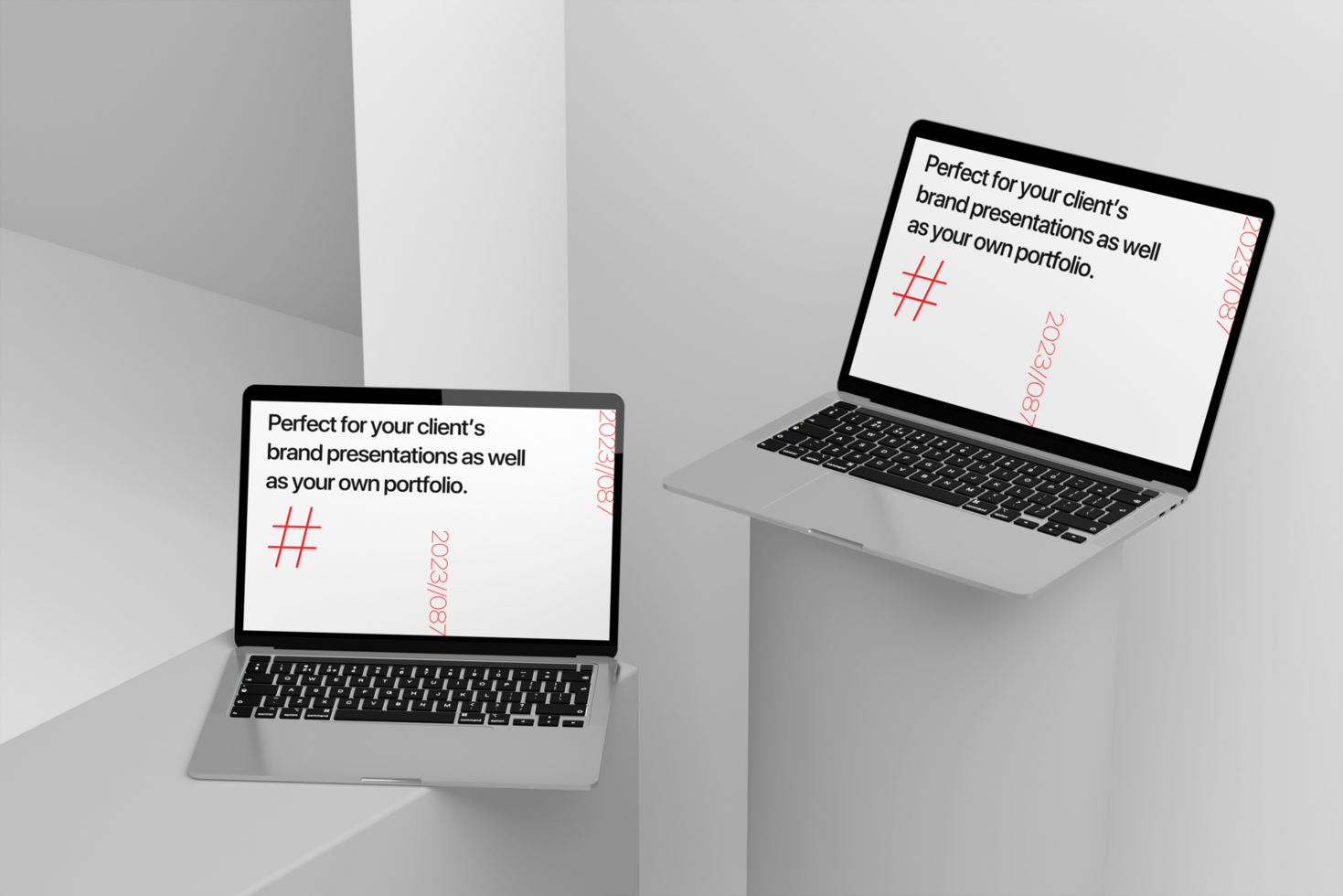 Display laptop mockup on the cylinder with wall background psd
