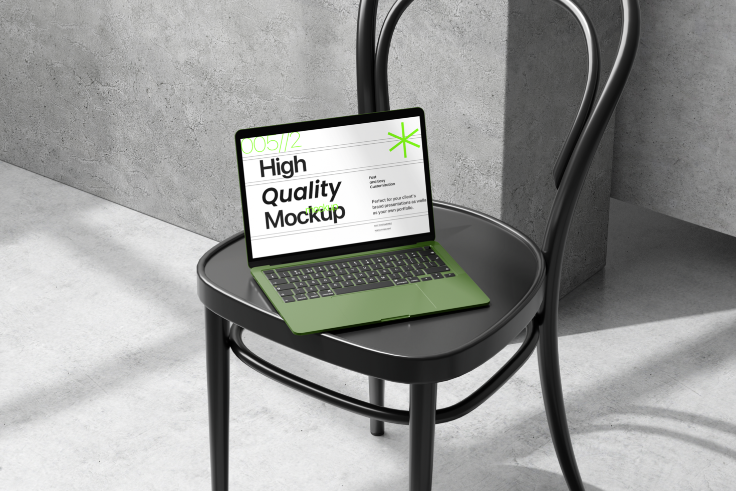 Laptop mockup with realistic chair and shadow background psd