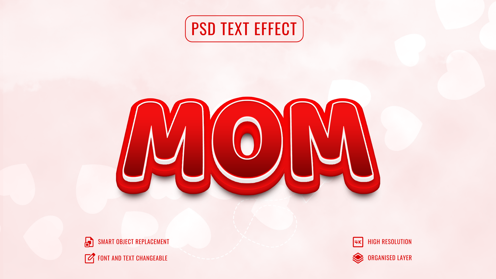 mom text effect with hearts background psd
