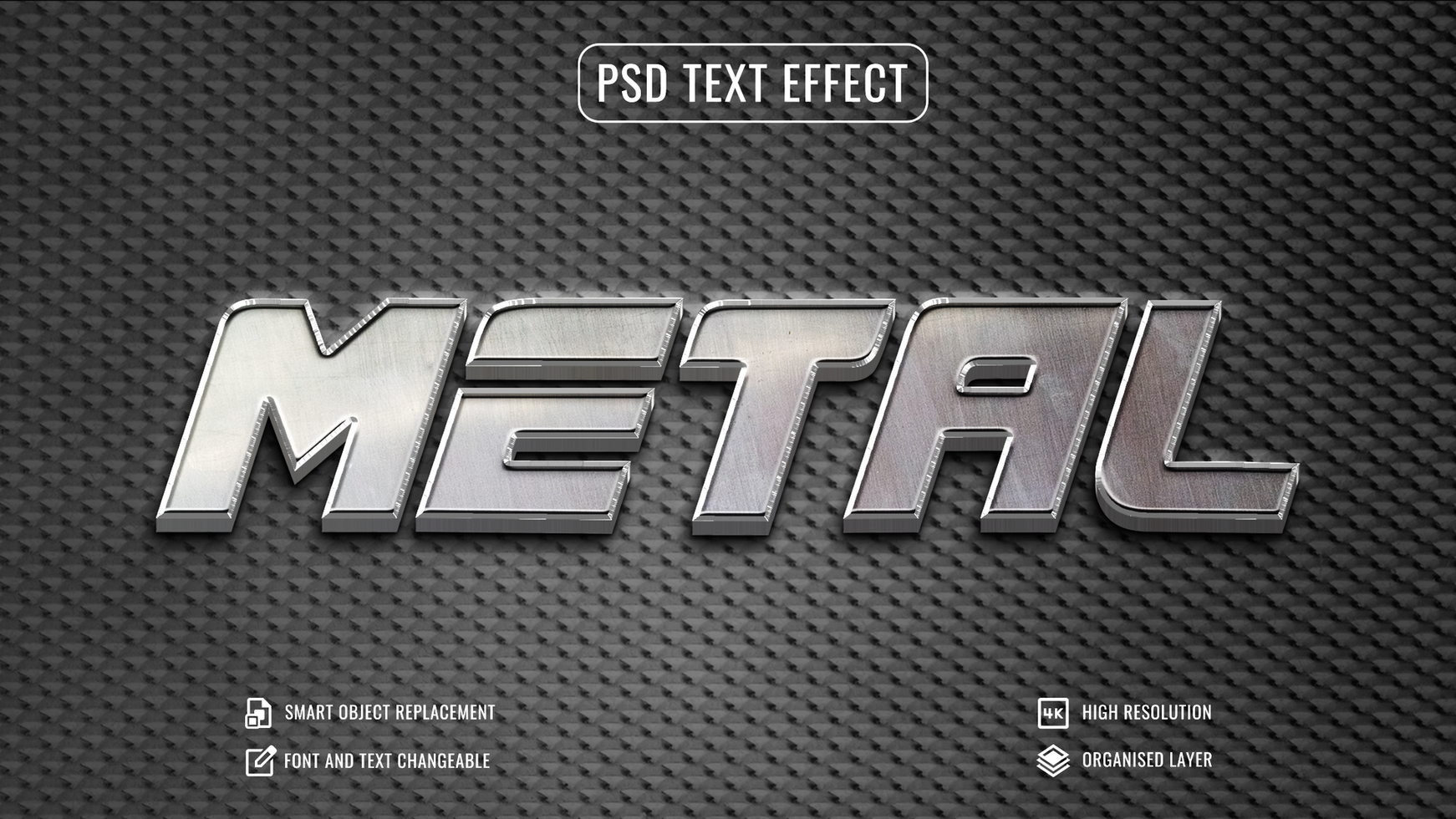 metal text effect with a metallic texture background psd