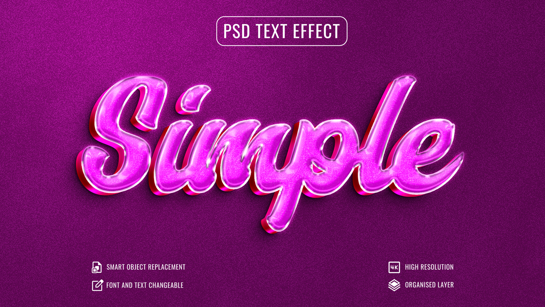 simple glossy pink text effect on a purple background psd